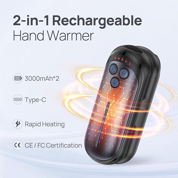 Rechargeable Hand Warmers 2 Pack, 6000mAh Electric Hand Warmer Rechargeable, 2 in 1 Portable Hand Warmers with AI Smart Chips, Outdoor, Hunting, Camping for Family for Christmas