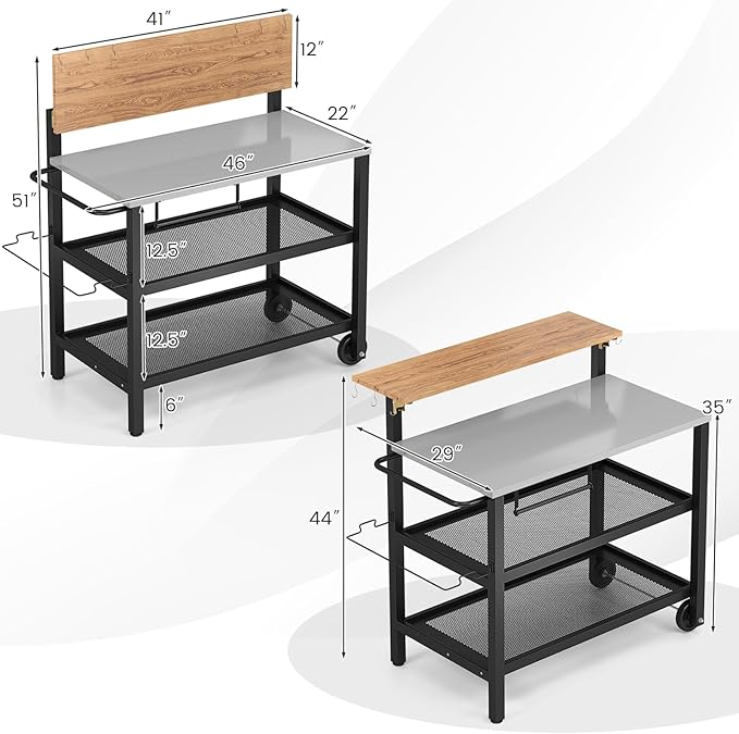 GOFLAME Outdoor Patio Cart Table, Kitchen Shelf on Wheels with Flip Top, Trash Bag Holder, Movable Hooks, Side Handle, Rolling Dining Grill Table, 4-Tier Serving Cart for Home, Bar, with Chairs
