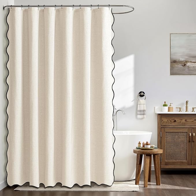 MIULEE Cream White Scalloped Linen Shower Curtain 72x78 Inches - Image 3