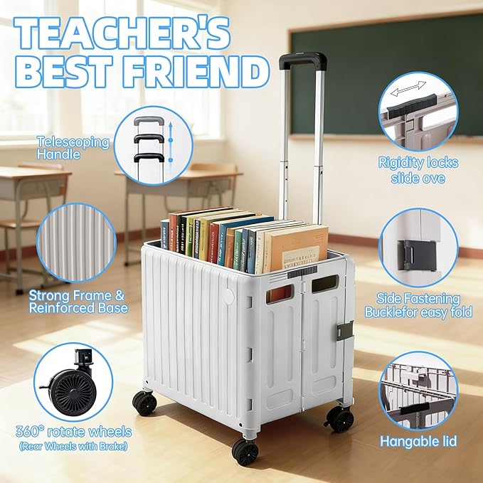 Folding Utility Cart (Gray), 4 360° Swivel Wheels Collapsible Rolling Crate with Lid, Heavy-Duty for Office/Home/Luggage, Teacher - Minimalist Style