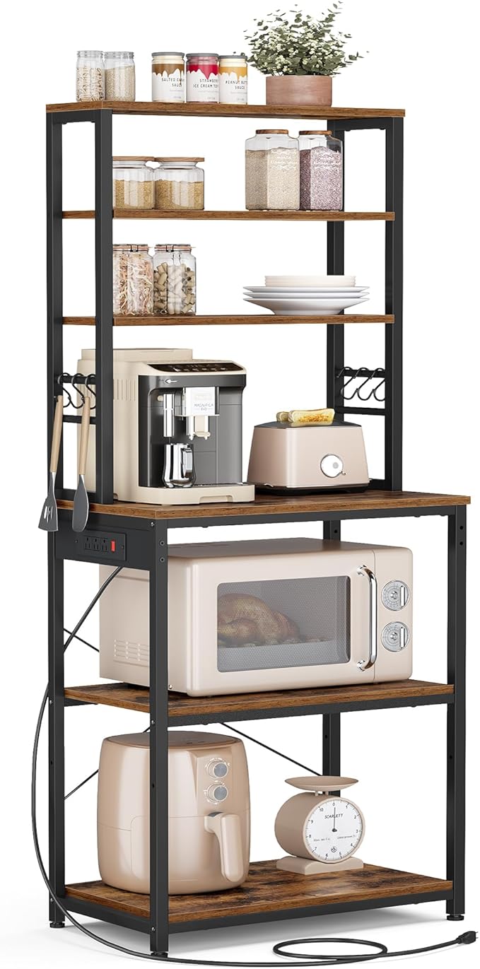 VASAGLE Bakers Rack with Power Outlet, 23.6 Inches Coffee Bar for Kitchen with Storage, 6-Tier Kitchen Shelves with 6 Hooks, Microwave Stand, Industrial, Rustic Brown and Ink Black UKKS124K03