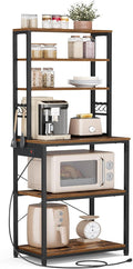 VASAGLE Bakers Rack with Power Outlet, 23.6 Inches Coffee Bar for Kitchen with Storage, 6-Tier Kitchen Shelves with 6 Hooks, Microwave Stand, Industrial, Rustic Brown and Ink Black UKKS124K03