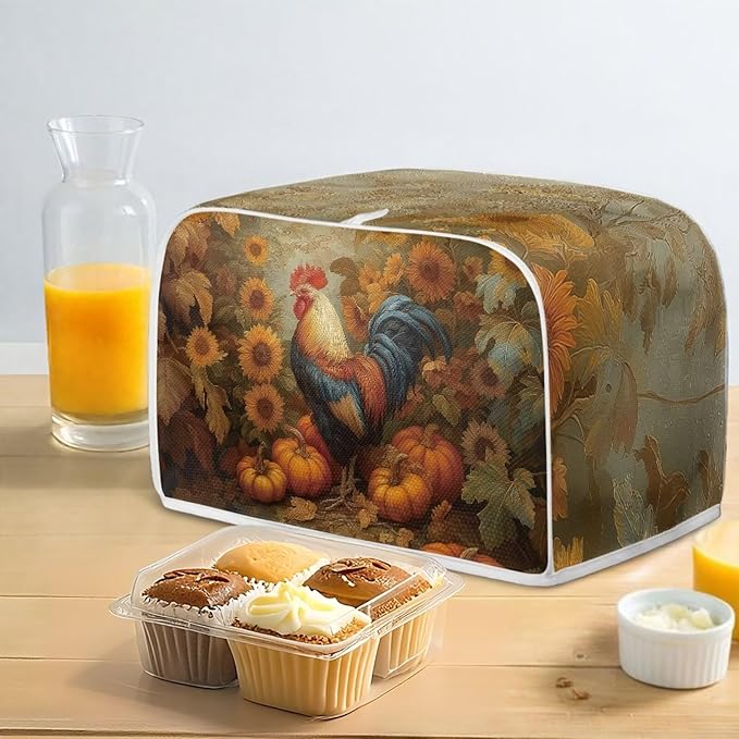 UNICEU Fall Toaster Cover 2 Slice Rooster Pumpkin Sunflower Print Stain Resistant Dust Proof Cover for Bread Maker Washable Kitchen Small Appliance Covers