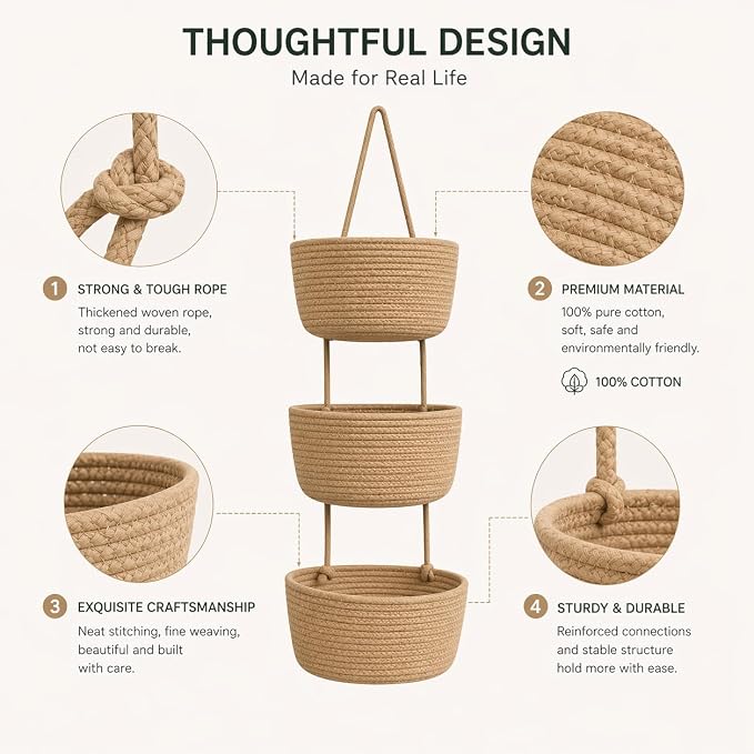 3-Tier Over the Door Hanging Basket, Cotton Rope Woven Decorative Hanging - Image 3