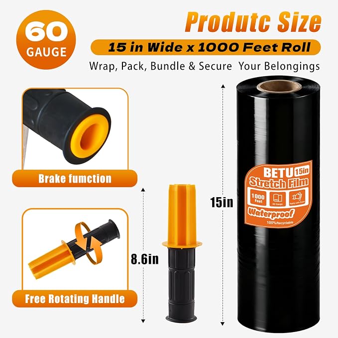 Black Stretch Film Shrink Wrap for Moving Supplies x 1000ft, Industrial - Image 2