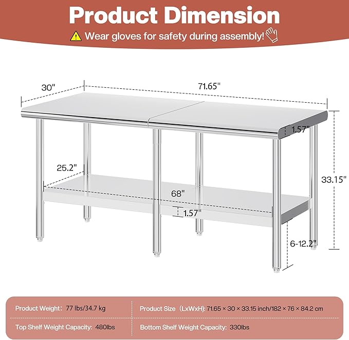 Jocisland 30" x 72" Stainless Steel Table for Prep & Work Adjustable Under Shelf and Feet, for Commercial Kitchen, Restaurant, Hotel, Garage