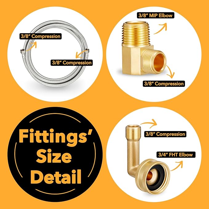 Dishwasher Installation Kit, 6 FT Stainless Steel Braided Dishwasher Water Supply Line with Food-Grade PEX, 3/8" x 3/8" MIP & 3/8" x 3/4" FHT Elbow Connectors
