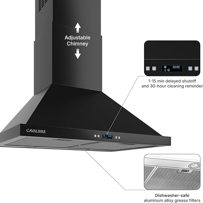 CAVALIERE Value-Focused 462 CFM Wall Mount Range Hood 30 Inch, 3-Year Warranty, Enhanced Stainless Steel, Ducted/Ductless Range Hood Convertible (Kit Included) LED Lights, Baffle Filter, Touch Control