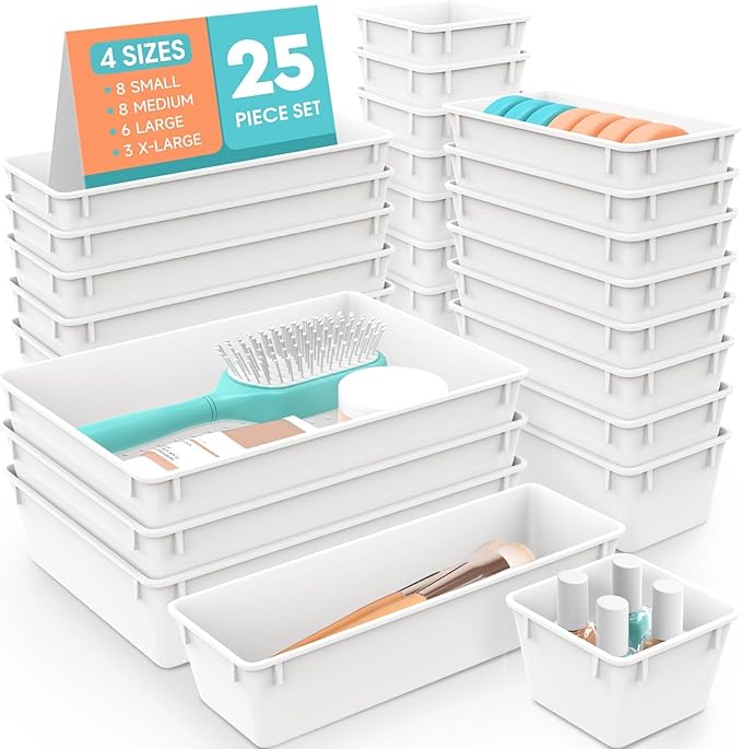 SpaceHacks 25 PCS Plastic Drawer Organizer, 4-Size Versatile Organizer Trays & by SpaceHacks
