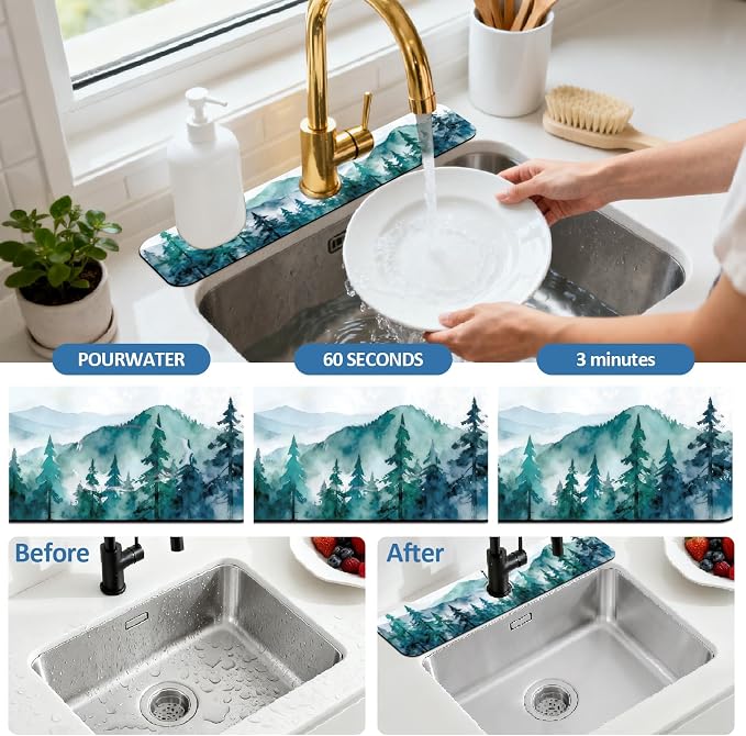 2 Pcs Kitchen Sink Splash Guard Faucet Mat Watercolor Forest Pattern Faucet Mat - Image 5