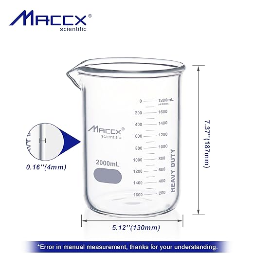 67.6oz(2000ml) Sturdy Glass Beaker, Heavy-Duty 2L Lab Beakers,3.3 Borosilicate Griffin Low Form with Printed Graduation, BKL2K0-001