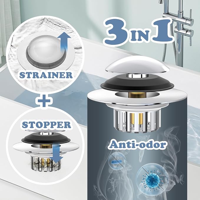 Universal 3 in 1 Bathtub Drain Stopper Bathtub Drain Hair Catcher, Pop-up Tub - Image 2