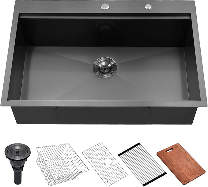 Scamall 33x22x10 Drop In Kitchen Sink Workstation, Nano Black 304 Stainless Steel Deep Single Bowl with Quick Drainage & Tarnish-Free Surface for Bar, Laundry, RV, Includes Accessories