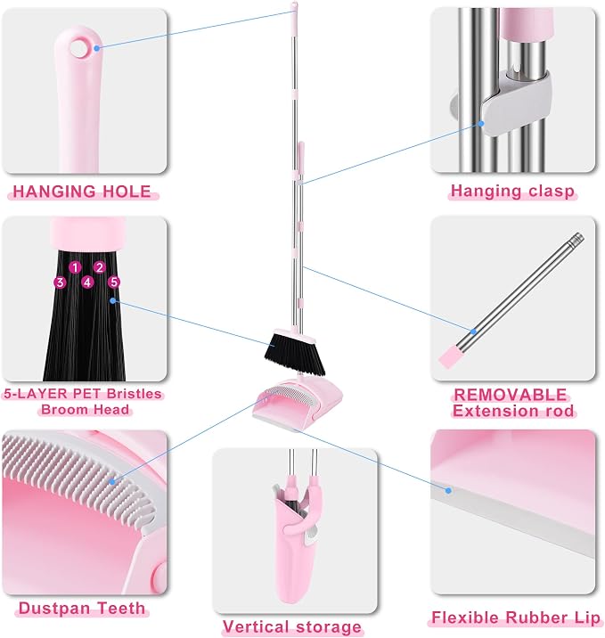 Pink Broom and Dustpan Set for Home, 52-in Long Handle Broom - Image 4