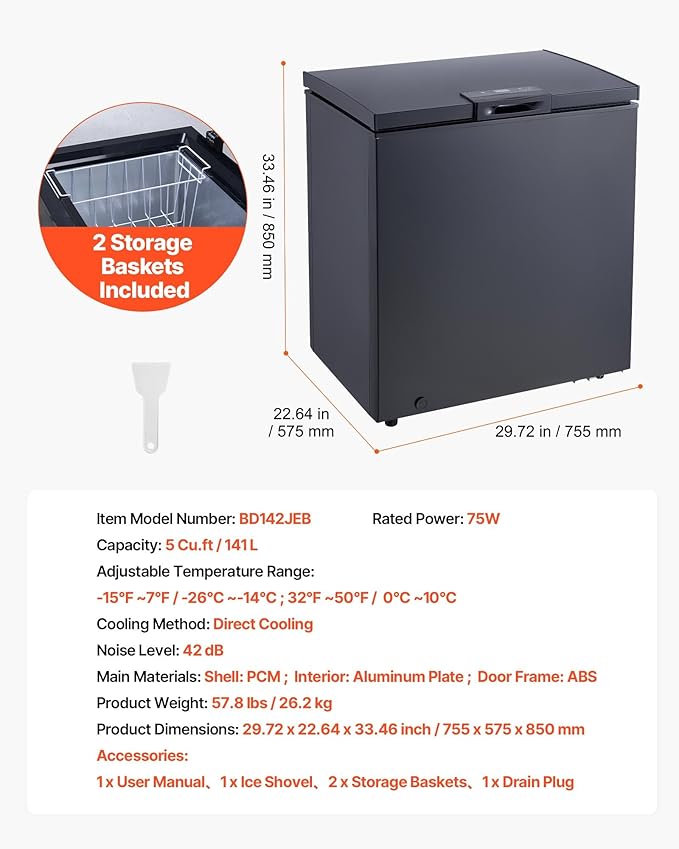 VEVOR Chest Freezer, 5 Cu.ft Compact Deep Freezer, Free Standing Top Open Door Chest Freezers with 2 Removable Baskets & Adjustable Thermostat - Energy Saving, Low Noise & Garage Ready, Black