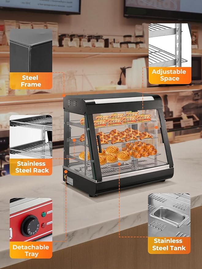 Commercial Food Warmer 26", 3-Tier Heated Display Case w/LED Light and Adjustable Thermostat, Removable Shelves, Countertop Pizza Pastry Warmer for Buffet Restaurant Bakery 1200W