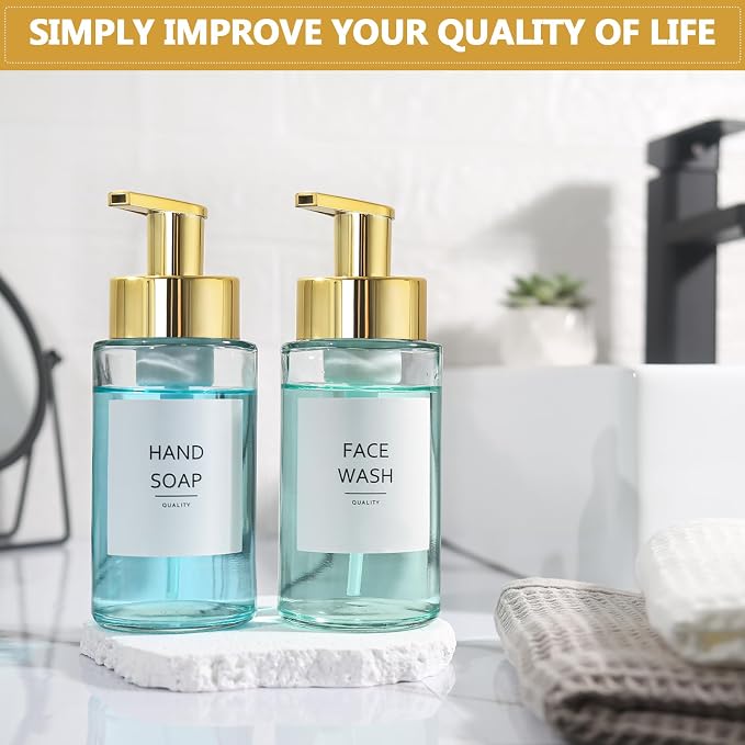 RYTOXILO Foaming Soap Dispenser, 10 oz/300ml Gold Soap Dispenser, 2 Pack Glass - Image 6