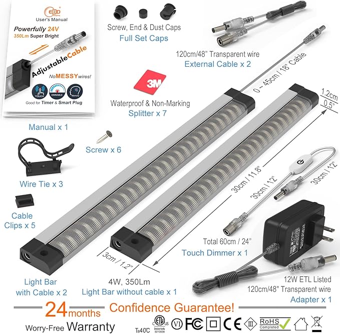 LED Under Cabinet Lighting Touch Cabinet Light Built-in Adjustable Cable No Messy Wires! 3 Panel Under Counter Lights for Kitchen Garage Pantry Closet 6500K 1350Lm Super Bright for Timer Smart Plug