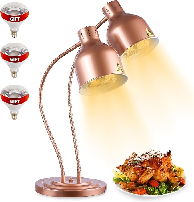 Food Heat Lamp: [Rapid-Heating Bulbs Included] [Steady Heating] Commercial Food Warmer Lamp, Electric Heat Lamp for Food Catering Food Warming Lamp for Buffet Parties (Painted Copper, 32" (2-Head))