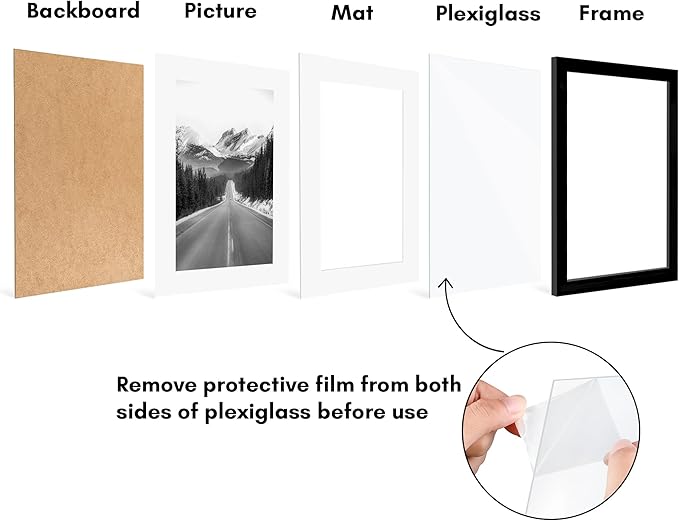 Americanflat 11x15 Picture Frame with Polished Plexiglass - Set of 5 - Use as 8x12 Frame with Mat or Display 11x15 Photo Without Mat - Galleria Collection - Picture Frames for Wall Display - Black