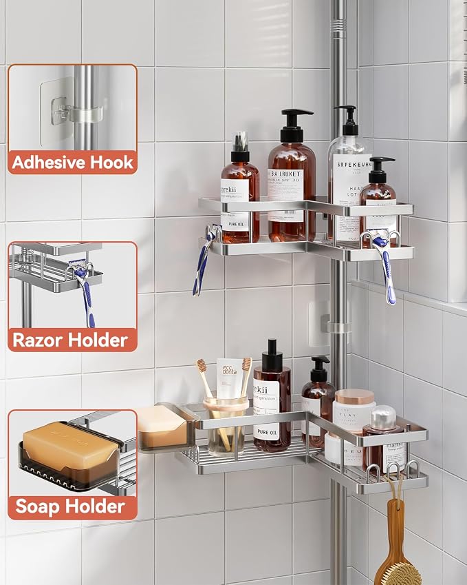YASONIC Corner Shower Caddy Tension Pole, 25.7-109.1in Adjustable Shower Shelves - Image 7