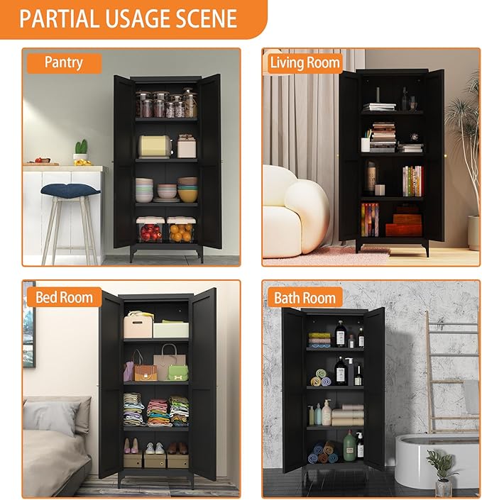 Tall Pantry Cabinet, 65" Kitchen Cupboard with Doors and Adjustable Shelves, Food Pantry Cabinets, Metal Hutch Cabinet with Storage for Kitchen, Living Room, Dining Room, Black