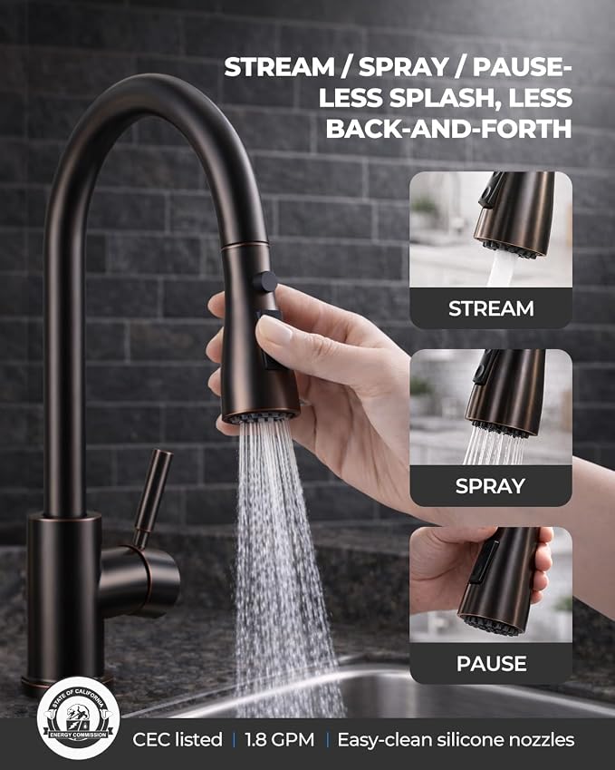 WEWE Pull-Down Kitchen Faucet, 3-Mode Sprayer, Oil Rubbed Bronze, High Arc | - Image 7