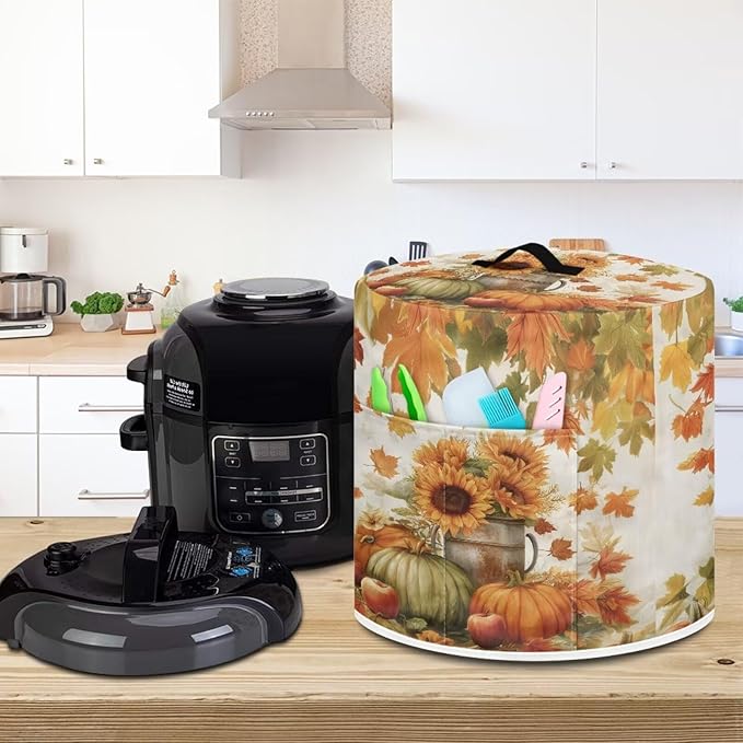 Fall Decor Stain-resistant Pressure Cooker Dust Cover Accessories for 8 Quart, Kitchen Appliance Air Fryer Rice Cooker Cover with Top Handle and Storage Pocket Sunflower Pumpkins