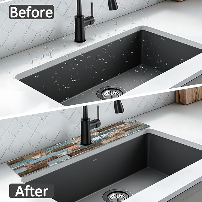 2PCS 24" X 5.5" Kitchen Sink Splash Guard Faucet Mat Wood Grain Super Absorbent - Image 7