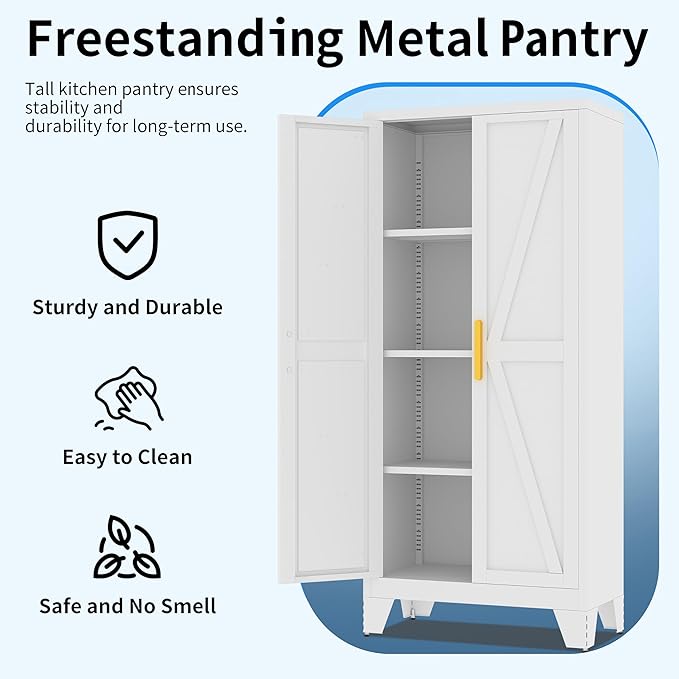 61" Tall Pantry Cabinet, White Metal Pantry Storage Cabinet, Kitchen Pantry Storage Cabinets with 2 Door and 3 Adjustable Shelves (White, 61" Modern)