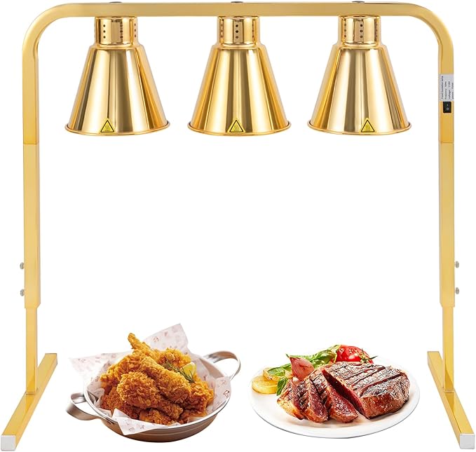 3-Head Food Heat Lamp Warmer Gold, 750W 3*Tungsten Bulb Buffet Display Heating Preservation Light for Buffet, 122℉ Insulation Electric Portable Heating Lamp Adjustable Height(Gold 3-Head)