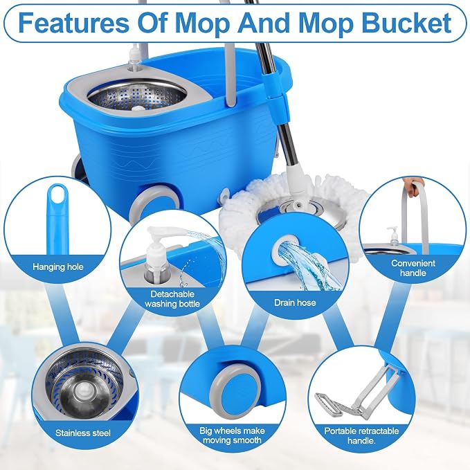 Spin Mop and Bucket with Wringer Set on Wheels, 3 Mop Heads - Image 5