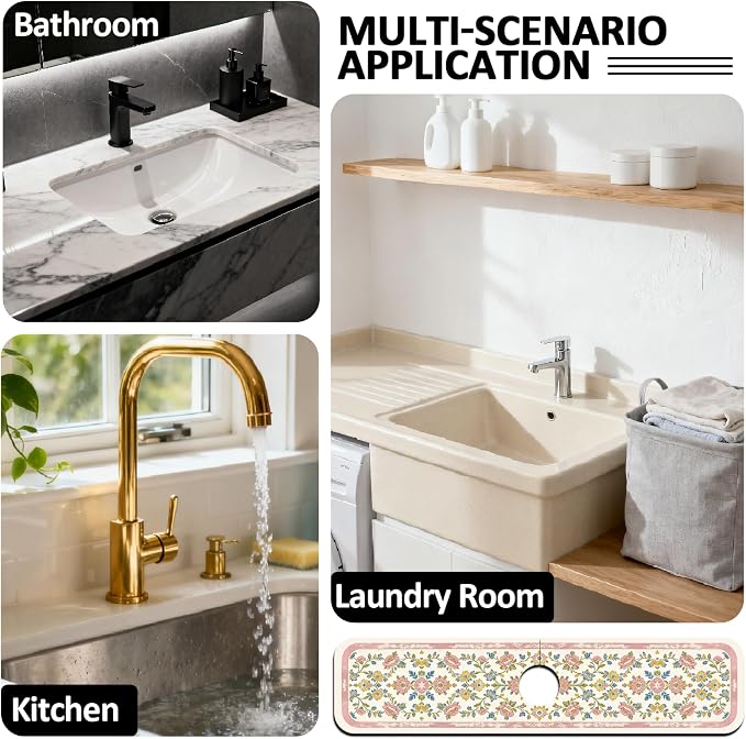 2Pcs Bohemian Floral Kitchen Sink Splash Guard Faucet Mat Vintage Pattern - Image 7