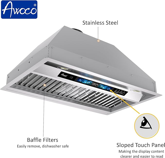 Awoco Range Hood Insert 30 Inch, Built-in Kitchen Hood with 800 CFM, Voice/Gesture/Touch Control, Stainless Steel Stove Hood with 4 Speed Exhaust Fan, Ducted, Ductless Convertible, Charcoal Filter