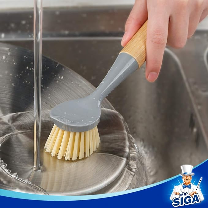 MR.SIGA Dish Brush with Bamboo Handle Built-in Scraper, kitchen sinks cleaning - Image 4