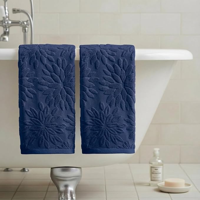 Artoid Mode 2 Pcs Navy Blue 3D Dahlia Floral Jacquard Hand Towels - Image 4