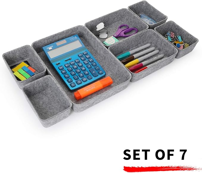 7pc Felt Desk Drawer Organizers Trays Gray Office Home Storage Bins - Image 2