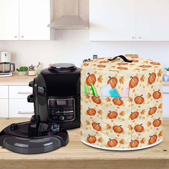 Pumpkins Maple Leaf Print 8 Quart Pressure Cooker Dust Cover with Storage Pocket and Top Handle Kitchen Appliance Air Fryer Rice Cooker Dust Cover Thanksgiving Day Decor