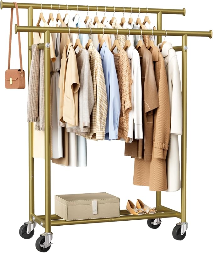 HYSEYY Clothes Rack, Double Rods Rolling Clothing Rack by HYSEYY