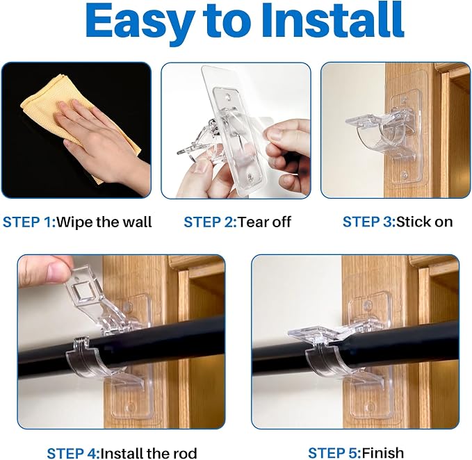 Antimbee 6-Pack No Drill Needed Curtain Rod Holders, Self Adhesive Rod Brackets - Image 3