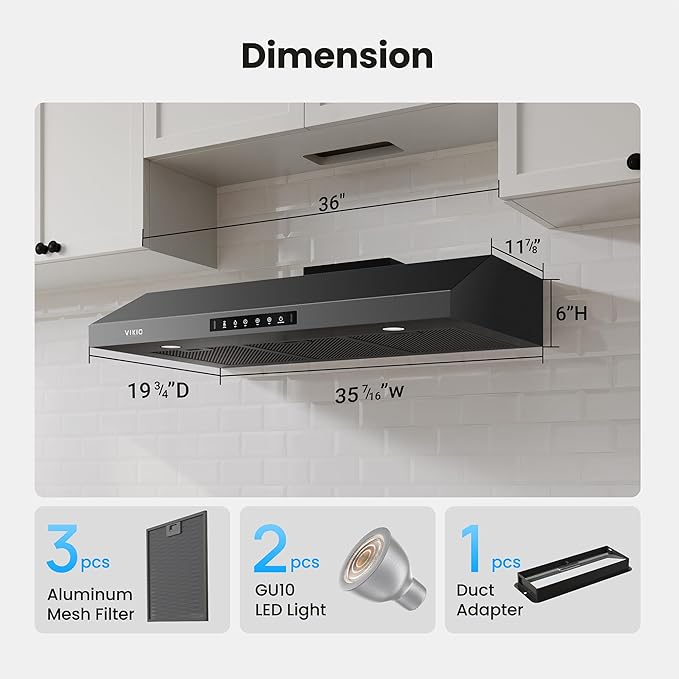 Range Hood 36 Inch Under Cabinet, 900 CFM Dual Centrifugal Motor, 3-Speed Ducted Kitchen Vent, Reusable Filters, Stainless Steel Kitchen Exhaust Fan with LED Lights, Black