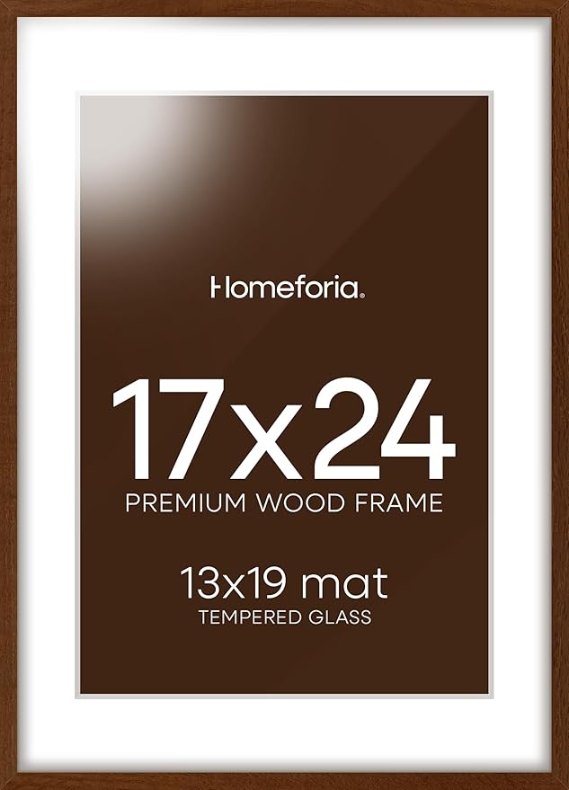 Homeforia 17x24 Picture Frame Brown, High End Dark Oak 17x24 Poster Wood Frame with Mat 13x19 for Photo, 17 x 24 Wooden Walnut Frame Matted to 13 x 19, 24x17 Frames, Tempered Glass, Wall Kit, Set of 1