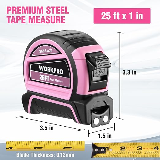 WORKPRO 25FT Pink Tape Measure, Dual Lock Measuring Tape - Image 2