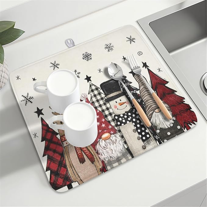 Giwawa Winter Snowman Gnome Dish Drying Mat Xmas Tree Dishes Pad 16"x18" - Image 8
