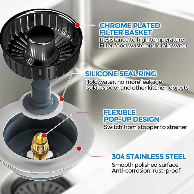 zaa 3 in 1 Kitchen Sink Drain Strainer Stopper Removable Basket Pop-Up - Image 6