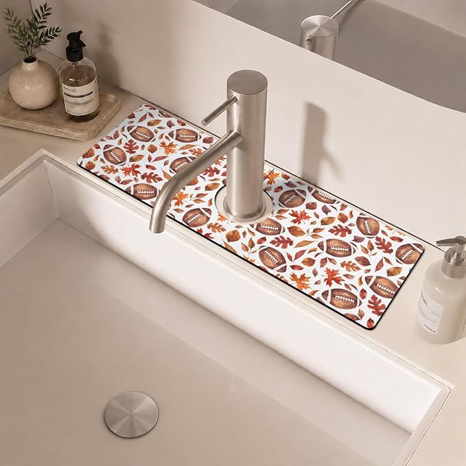 Fall Kitchen Sink Splash Guard Faucet Mat, Football Maple Leaf Autumn - Image 6