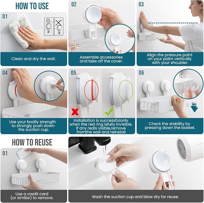 TAILI Shower Caddy Suction Cup Rustproof Metal Visible indicator White - Image 8