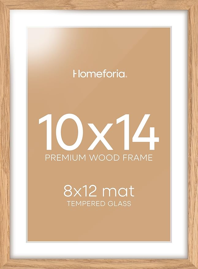 Homeforia 10x14 Picture Frame Wood, High End Natural Oak 10x14 Light Wooden Poster Frames with Mat 8x12, 10 x 14 Frames Matted to 8 x 12 Photo, 14x10 Hanging Frames, Tempered Glass, Wall Kit, Set of 1