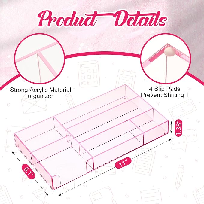 Briwooody Pink Acrylic Drawer Organizer, 6 Compartments, Small | 11 x 6.1 x - Image 2