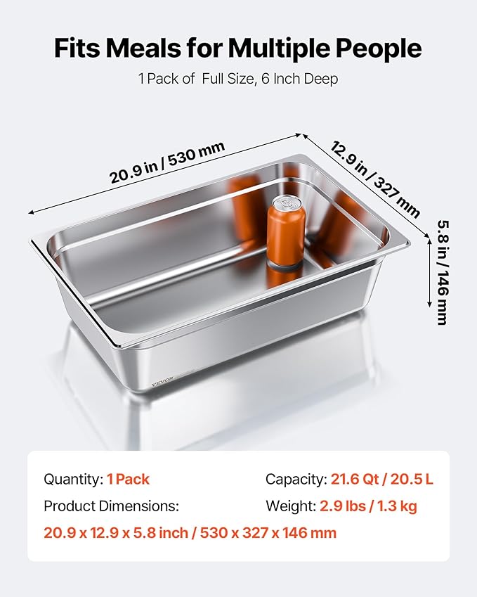 VEVOR 1 Pack Stainless Steam Hotel Pan, Full Size Table Steam Pan, 6 Inch Deep Anti Jam Restaurant Supplies Reusable Rustproof Catering Storage for Home, Party, Restaurant, Hotel, Buffet